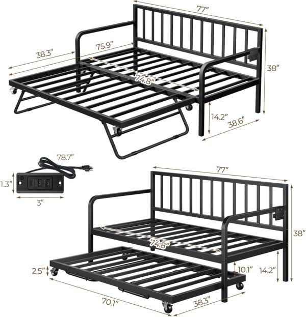 Rolanstar Daybed with Charging Station and LED Lights, Height Adjustable Twin Daybed with Trundle, Metal Sofa Bed Frame with Steel Slat Support for Living Room, Bedroom and Guest Room, Black - Image 2