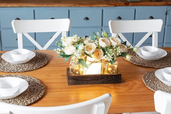 Mkono Mason Jar Lights Centerpiece Table Decorations for Farmhouse Coffee Table Wood Tray 3 Jars Flowers for Kitchen Dining Living Room Summer Fall Decor - Image 3