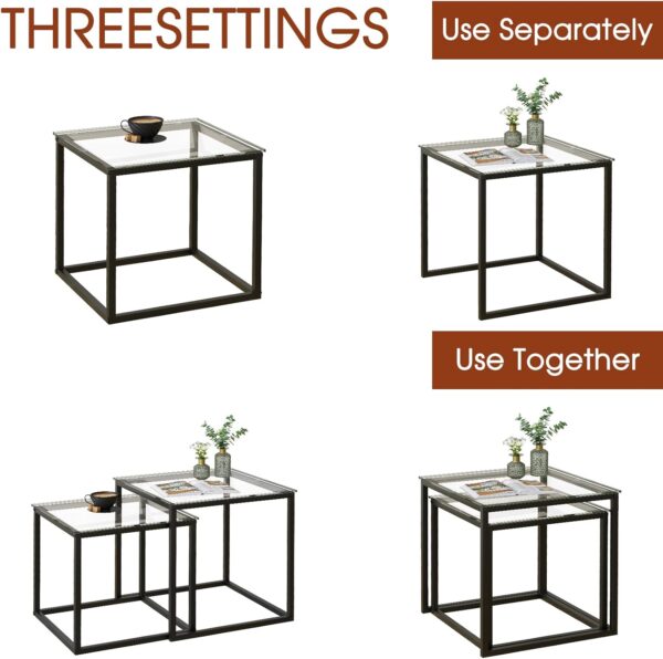VILAWLENCE Coffee Table Set of 2, Modern Black Glass Side Table, Metal Frame Square End Table, Center Tables,Nesting Coffee Table for Living Room,Bedroom and Small Spaces - Image 6