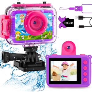 GKTZ Kids Waterproof Camera - Underwater Camera Birthday Gifts for Girls Boys Children Digital Action Camera with 32GB SD Card, Pool Toys for Kids Age 4 5 6 7 8 10