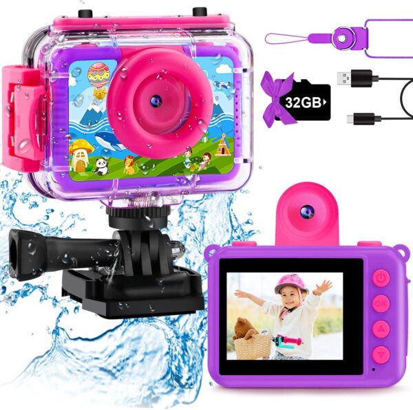 GKTZ Kids Waterproof Camera - Underwater Camera Birthday Gifts for Girls Boys Children Digital Action Camera with 32GB SD Card, Pool Toys for Kids Age 4 5 6 7 8 10