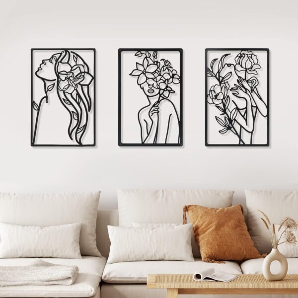 CHENGU 3 Pieces Metal Minimalist Abstract Woman Wall Art Line Drawing Wall Art Decor Single Line Female Home Hanging Wall Art Decor for Kitchen Bathroom Living Room (Floral Style) - Image 3