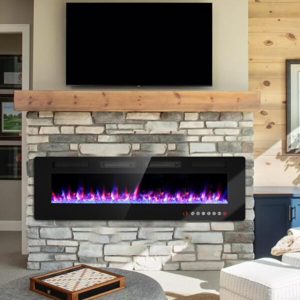 BREEZEHEAT 60 inch Electric Fireplace Wall Mounted/Freestanding-Ultra Thin Fireplace Inserts for Living Room with Heater, Remote Control, Touch Screen, Led Flame, 8H Timer, 750w/1500w - Image 5