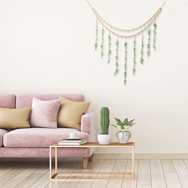 Hanging Eucalyptus Boho Wall Decor Large Boho Bedroom Wall Hanging Wooden Bead Garland Artificial Eucalyptus Natural Greenery Decoration, 36 x 36 Inch - Image 4