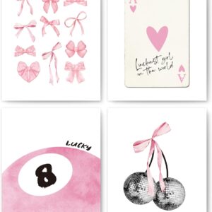 okaxscm Pink Coquette Trendy Preppy Wall Art Prints Set of 4, Coquette Room Decor, Preppy Room Decor Aesthetic, Pink Bow Disco 8 Ball Cherry Wall Decor Posters for Girls Bedroom Dorm, 8x10 Unframed