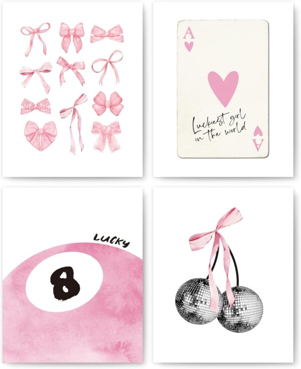 okaxscm Pink Coquette Trendy Preppy Wall Art Prints Set of 4, Coquette Room Decor, Preppy Room Decor Aesthetic, Pink Bow Disco 8 Ball Cherry Wall Decor Posters for Girls Bedroom Dorm, 8x10 Unframed