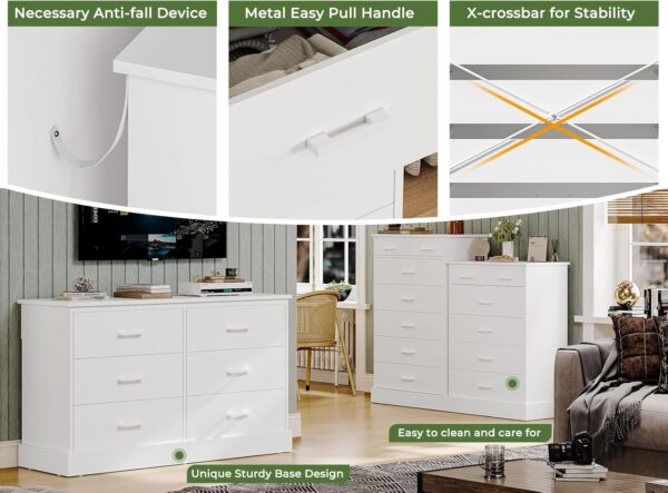Hasuit 6 Drawer Double Dresser, Wooden Wide Chest of 6 Drawers, Large Capacity Storage Cabinet, White Dresser for Bedroom, Hallway, Entryway (White) - Image 6