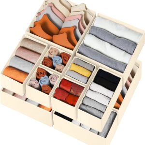 Criusia Drawer Organizer Clothes 12 Pack, Dresser Organizer for Nursery Bedroom Closet Organization and Storage - Baby Clothes Organizer Bins - Drawer Divider for Sock Underwear Bra Ties (Beige)