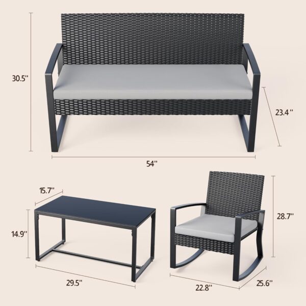 4 Piece Outdoor Patio Furniture Set, Wicker Patio Furniture with Glass Coffee Table, Rocking Wicker Bistro Set, for Backyard, Poolside, Porch (Grey) - Image 2