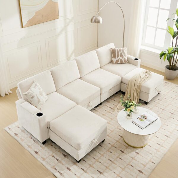 Bumblr 117.4" Convertible Sectional Couch with Storage Seat, 6 Seat Modern U Shaped Sectional Sofa with Double Reversible Chaise, Comfy Chenille Armrest Storage and Cup Holder for Living Room, Beige - Image 4