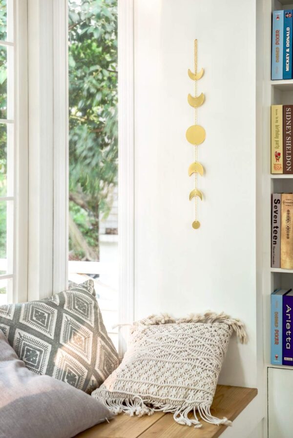 Mkono Moon Phase Wall Hanging Metal Boho Home Decor Vertical Chic Moon Garland for Dorm Nursery Bedroom Living Room Apartment Office, Decorative Wall Art Gift for Girls Mom, Gold - Image 2