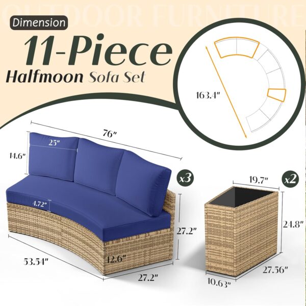 Patio Conversation Set, 11 Piece Half-Moon Sectional Round Patio Furniture Set, with Large Storage Wedge Table Wicker Sofa Set, for Backyard Patio Garden, Blue - Image 7
