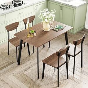 Kitchen Dining Table Set for 4, Modern Rectangular 5 Piece Dining Room Table and Chairs Set, Brown Wooden Metal Table Set for Family Dinner, Party, Afternoon Tea and Work (Curved Moon)