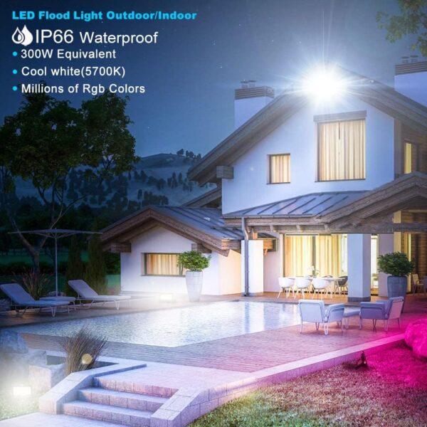 LED Flood Light Outdoor, 300W Equivalent 3000LM Smart RGB Landscape Lighting with APP Control, DIY Scenes - Timing - 5700K Daylight White -Color Changing Uplight, IP66 Waterproof US Plug MELPO(4 Pack) - Image 2