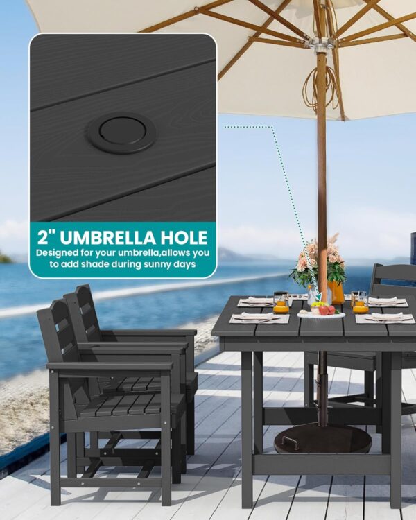 SERWALL 7-Piece Patio Dining Table Sets, Outdoor HDPE Dining Furniture Set with Umbrella Hole Cut-Out Table and 6 Chairs, Black - Image 4