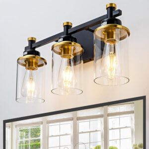 3 Light Bathroom Light Fixtures, Black and Brushed Gold Vanity Light Fixture Over Mirror, Modern Wall Sconces Lighting Wall Lamp for Bathroom, Bedroom, Hallway with Clear Glass Shade