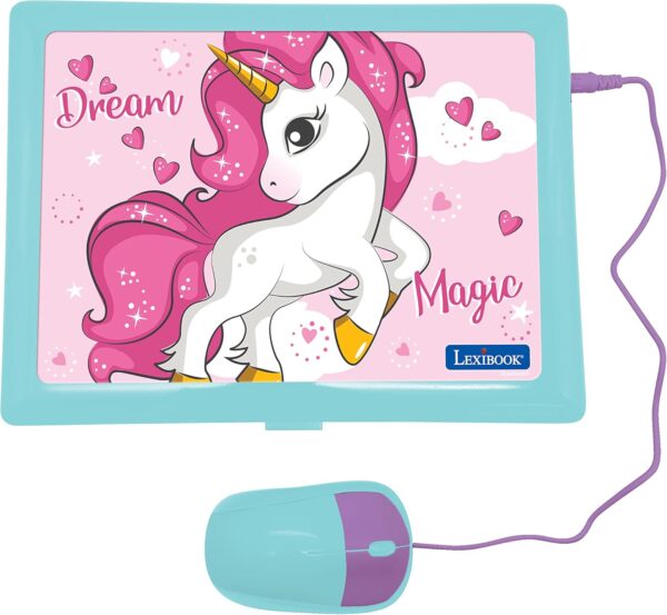 LEXiBOOK - Unicorn Educational and Bilingual Laptop Spanish/English - Toy for Children with 124 Activities to Learn Mathematics, Dactylography, Logic, Clock Reading, Play Games and Music - JC598UNIi2 - Image 2