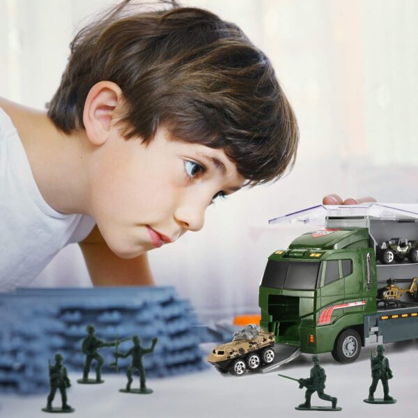 26 Pcs Military Truck with Soldier Men Set(2 in 1), Mini Die-cast Battle Car in Carrier Truck, Army Toy Double Side Transport Vehicle for Kid Child Girl Boy Play Birthday Party Favors - Image 7