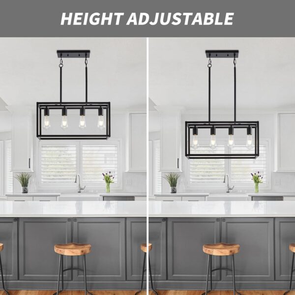 Dining Room Light Fixture 4 Light Black Farmhouse Chandelier Modern Kitchen Island Pendant Lighting Rectangular Hanging Lights for Kitchen Dining Room Adjustable Height Metal E26 Base - Image 5