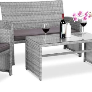 Best Choice Products 4-Piece Outdoor Wicker Patio Conversation Furniture Set for Backyard w/Coffee Table, Seat Cushions - Gray/Gray