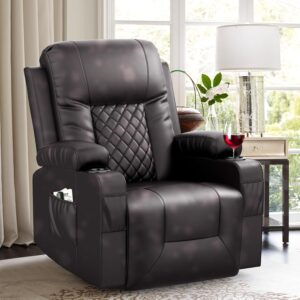 Recliner Chairs for Adults, Swivel and Rocking Recliner with Heat and Vibration, Breathable Leather Ergonomic Single Sofa Chair for Living Room with Cup Holders, Side Pockets, Brown