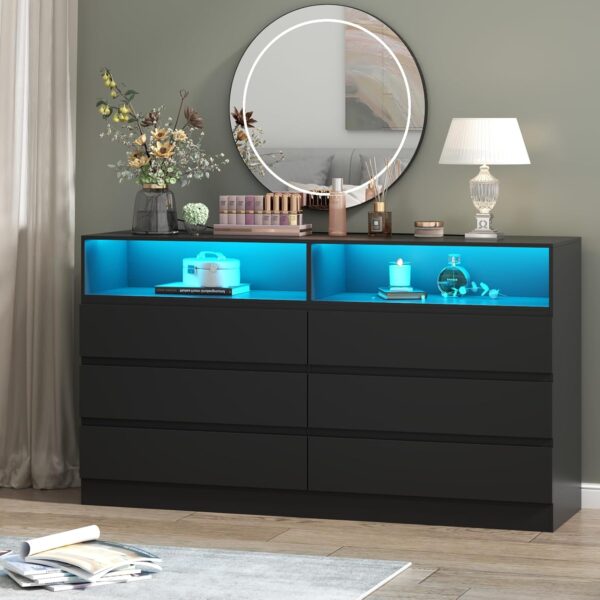 Loomie 6 Drawer Dresser for Bedroom, Wide Chest of Drawers with Charging Station and LED Lights, Traditional Bedroom Furniture, Modern Storage Dresser TV Stand for Living Room (Black) - Image 5