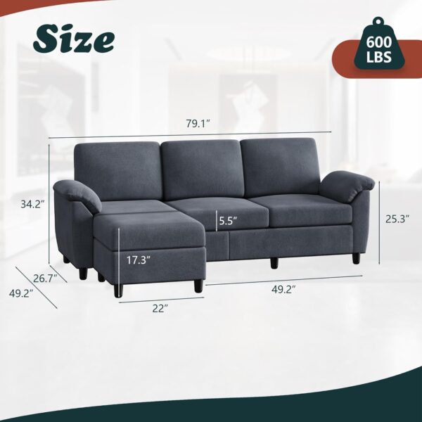 Vongrasig 79" Convertible Sectional Sofa Couch, 3 Seat L Shaped Sofa with Removable Pillows Linen Fabric Small Couch Mid Century for Living Room, Apartment and Office (Gray) - Image 2