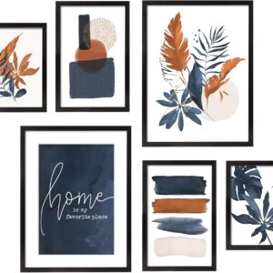 ArtbyHannah Framed Wall Art for Living Room, 6 Pieces Boho Botanical Wall Art with Blue Orange Tropical Plants and Color Blocks for Wall Decor, Multi Sizes