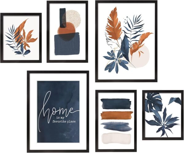 ArtbyHannah Framed Wall Art for Living Room, 6 Pieces Boho Botanical Wall Art with Blue Orange Tropical Plants and Color Blocks for Wall Decor, Multi Sizes