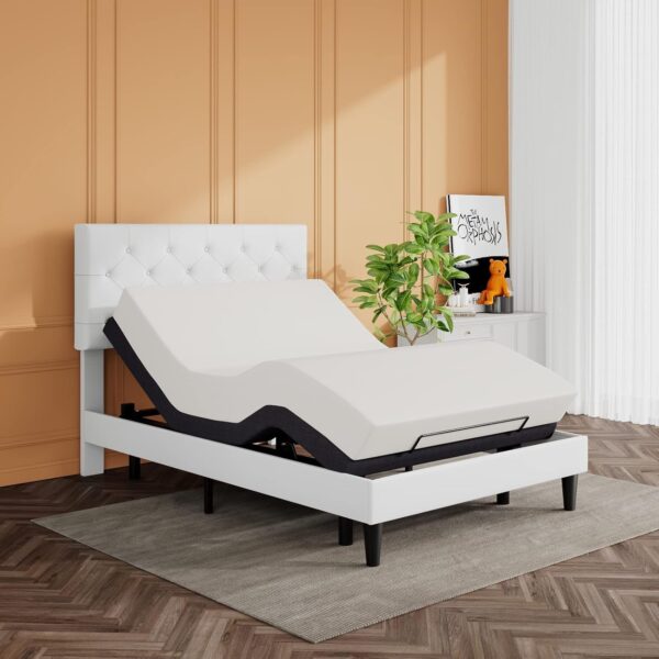 SHA CERLIN Full Size Bed Frame with Button Tufted Headboard, Faux Leather Upholstered Mattress Foundation, Platform Bed Frame, Wooden Slat Support, No Box Spring Needed, White - Image 7