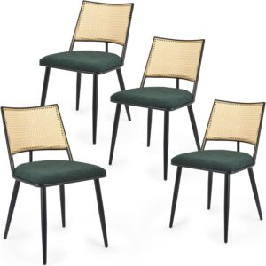Farini Dining Chairs Set of 4, Mid-Century Modern Kitchen Chairs with Rattan Backrest & Metal Frame, Boucle Upholstered Accent Chairs for Dining Room, Kitchen, Living Room, Dark Green