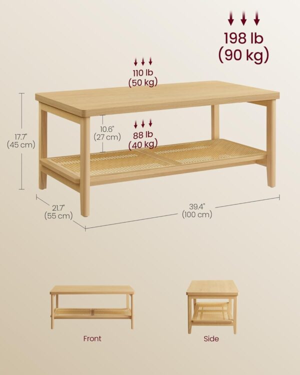 VASAGLE 2-Tier Coffee Table for Living Room, Living Room Table Rectangular Center Table, with PVC Rattan Storage Shelf, Rounded Corners, Easy Assembly, Boho Style, Oak Beige ULCT240Y57 - Image 3