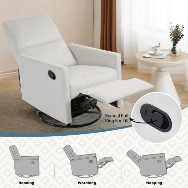 Swivel Rocking Recliner Chair for Adults, Rocker Nursery Glider Chair for Living Room, Upholstered Fabric Reclining Single Sofa Chair(Beige) - Image 7
