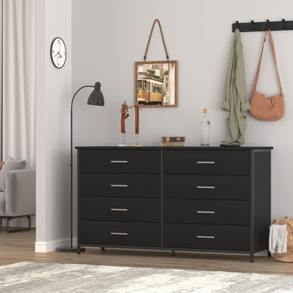 IKENO 8 Drawer Dresser for Bedroom, Industrial Wood Dresser Wide 8 Chest of Drawers, Wooden Storage Organizer Dresser with Sturdy Steel Frame (Black) - Image 7