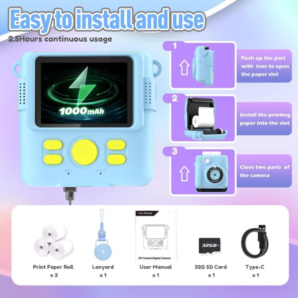 Kids Camera Instant Print, Christmas Birthday Gifts for Kids Age 3-12, Selfie Digital Camera with 1080P Videos,Toddler Portable Travel Camera Toy for 4 5 6 7 8 9 Year Old Boys Girls-Blue - Image 6
