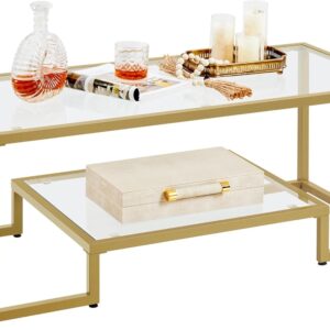 Yaheetech Gold Coffee Table, 42" Rectangular Glass Coffee Table for Living Room, 2-Tier Center Tea Table with Metal Frame for Small Space, Apartment, Office