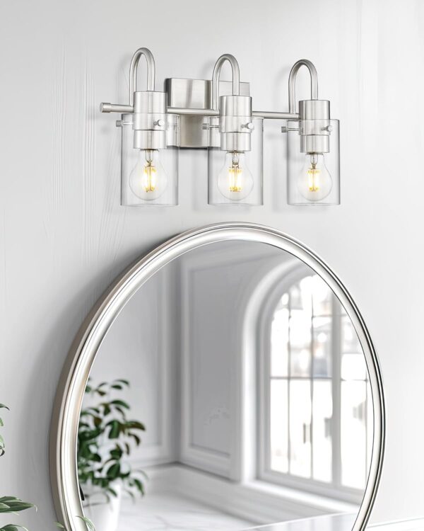Emak 3-Light Bathroom Lighting Fixtures Over Mirror, Modern Brushed Nickel Vanity Light with Clear Glass Shade for Bathroom, Mirror, Makeup Desk, VL117-BN-3 - Image 7