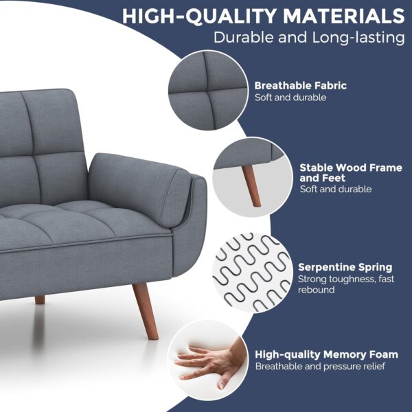 IULULU Futon Sofa Bed - Convertible Couch Bed Loveseat Sleeper for Living Room, Bedroom, Studio, Apartment, Dorm, Home Office, Small Space, Compact Living Room, Light Gray - Image 4