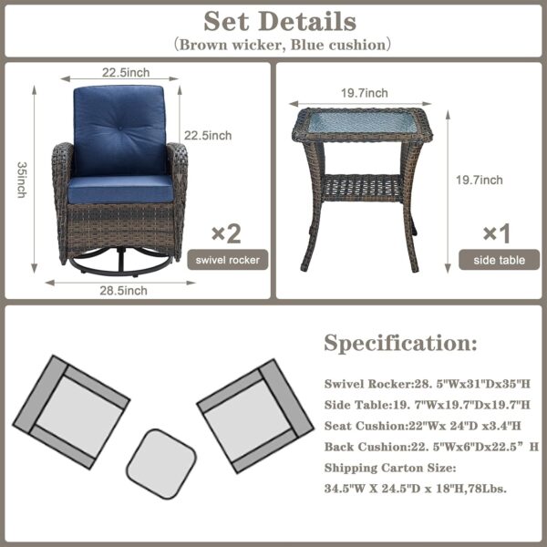Patio Wicker Chairs Swivel Rocker - Outdoor Swivel Rocking Chairs Set of 2 with Rattan Side Table, Patio Swivel Glider Chair 3 Piece Patio Furniture Sets for Patio Porch Pool Brown/Blue - Image 7
