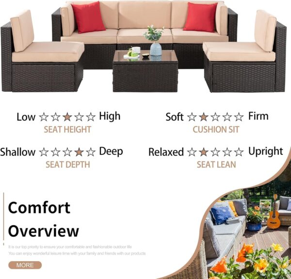 Shintenchi 6 Pieces Patio Furniture Sets Outdoor All-Weather Sectional Patio Sofa Set PE Rattan Manual Weaving Wicker Patio Conversation Set with Glass Table&Ottoman Cushion and Red Pillows, Neutral - Image 3