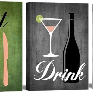 Canvas Set of 3 Green and Grey Modern Kitchen and Dining Room Wall Art Home Decor Abstract EAT DRINK LOVE Theme Canvas Prints Pictures Framed Artwork for Coffee Bar Restaurant Cafe Ready to Hang