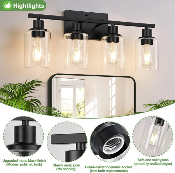 4-Light Bathroom Light Fixtures, Bathroom Vanity Lights with Clear Glass Shades, Matte Black Bathroom Light Fixtures over mirror, Modern Bathroom Wall Lamp for Mirror Living Room Cabinet Bedroom Porch - Image 3
