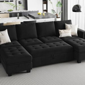Belffin Modular Sectional Sleeper Sofa with Pull Out Bed Velvet Convertible U Shaped Sectional Sofa Couch with Storage Chaises for Living Room Black