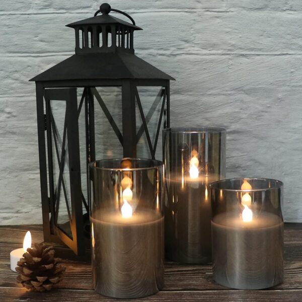 GenSwin Gray Glass Battery Operated Flameless Led Candles with 10-Key Remote and Timer, Real Wax Candles Warm White Flickering Light for Home Decoration(Set of 3) - Image 4