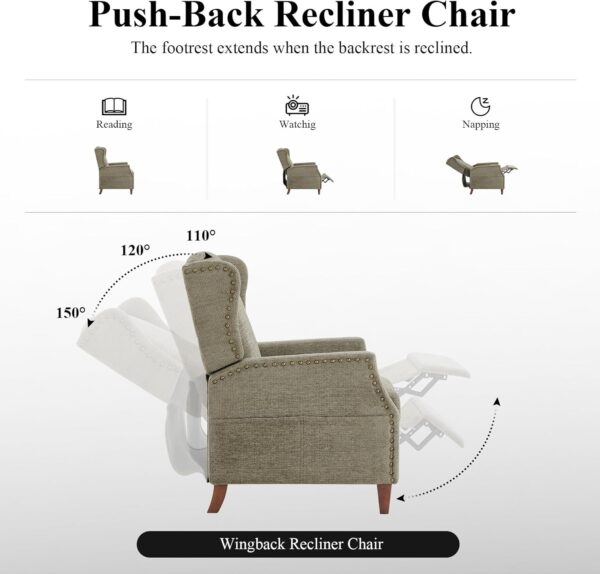COLAMY Wingback Pushback Recliner Chair with Storage Pocket, Upholstered Fabric Living Room Chair Armchair with Wood Legs and Nailhead Trim, Green - Image 6
