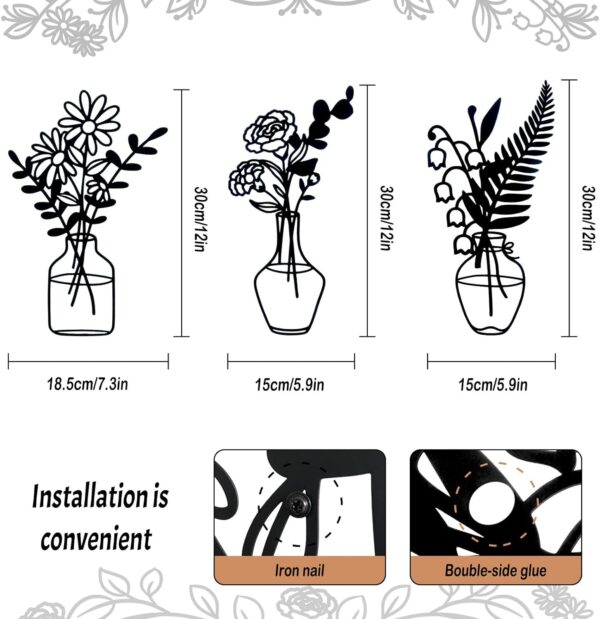 Zzbakress 3 Pcs Black Metal Flowers and Vases Wall Decoration Minimalist Art Wall Sculpture Lily of the valley, Daisy, Carnation Iron Decorative Floral for Living Room or Kitchen(Style 2, Black) - Image 4