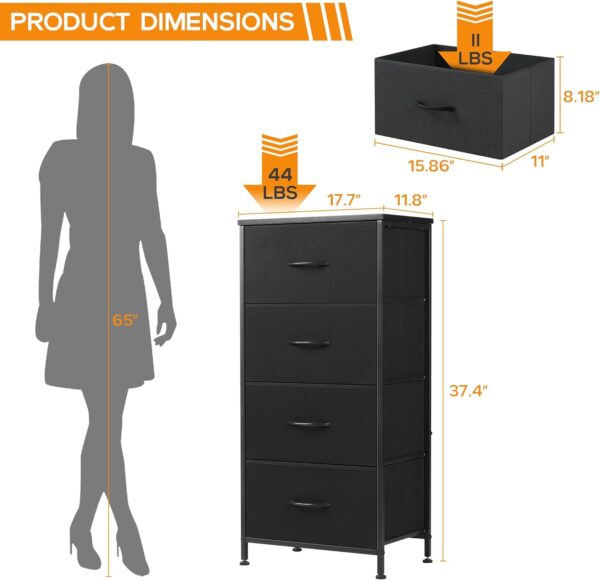 DUMOS Dresser for Bedroom 4 Storage, Tall Fabric Closet Chests Organizer Tower Furniture with Wooden Top Metal Frame for Clothes, Kids, Living Room, Hallway, Entryway, 4-Drawer, Black - Image 2