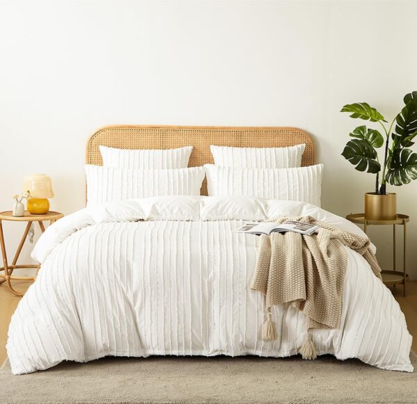 Nayoroom White Boho Duvet Cover Set Queen Size Striped Textured Tufted Bedding Sets 3 Pieces Soft Lightweight Washed Microfiber Farmhouse Aesthetic Comforter Cover with Zipper Closure for All Seasons