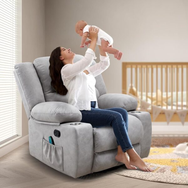 Jocisland Oversized Rocker Recliner Chair with Massage for Living Room, Overstuffed 360° Swivel Single Sofa with Detachable Cup Holders, Home Theater Seating, Light Grey - Image 7