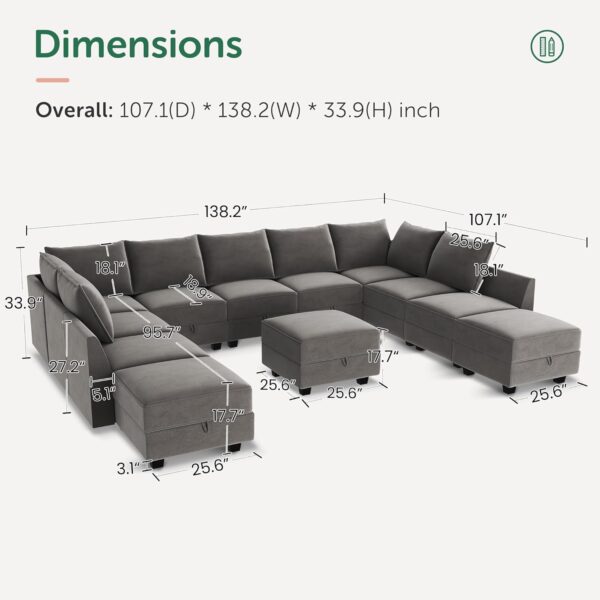 HONBAY Modular Sleeper Sofa Bed with Storage Seat Oversized Modular Sectional Sofa Couch Velvet Reversible Modular Sleeper Sectional Couch Bed for Living Room,Grey - Image 2